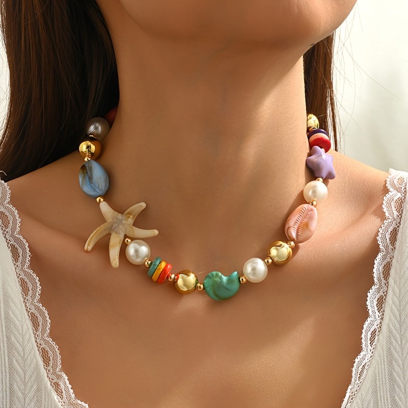 Beach Style Resin Faux Shell Starfish Necklace Random